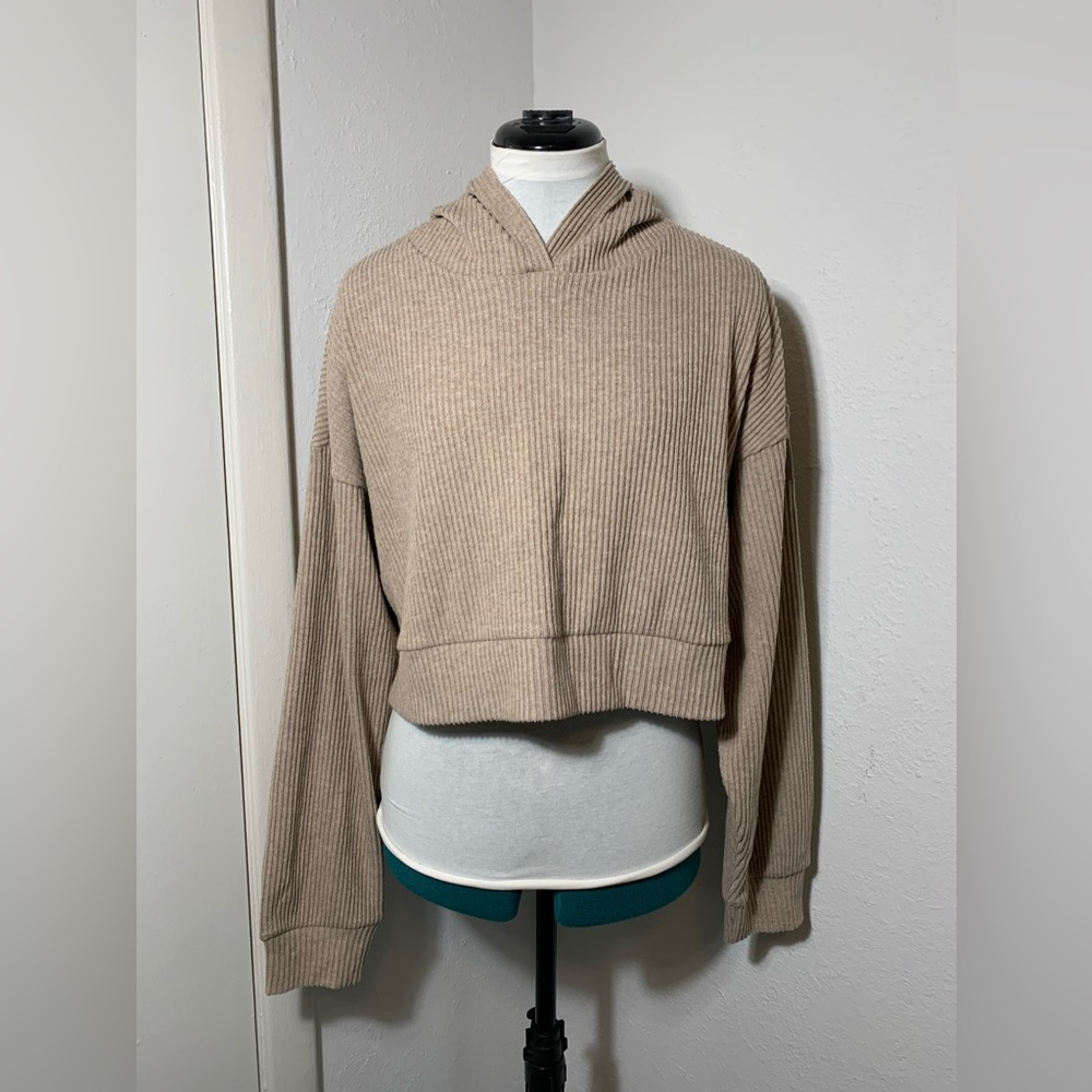 Alo Yoga muse hoodie long sleeve cropped ribbed pop over neutral beige M